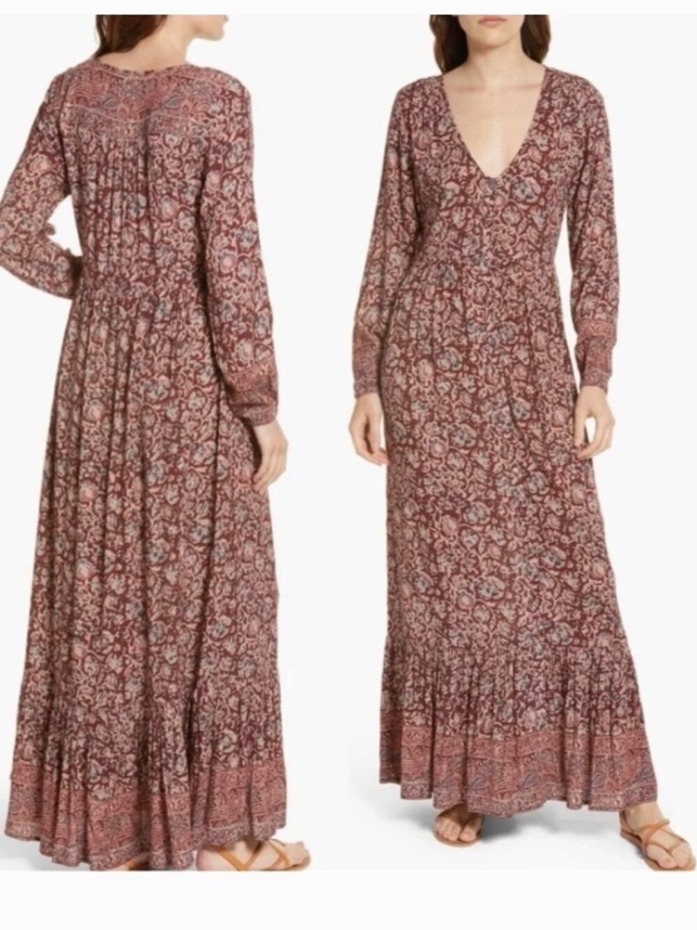 Faherty Toluca Tiered Long Sleeve Maxi Dress Merlot Red Floral Small EUC